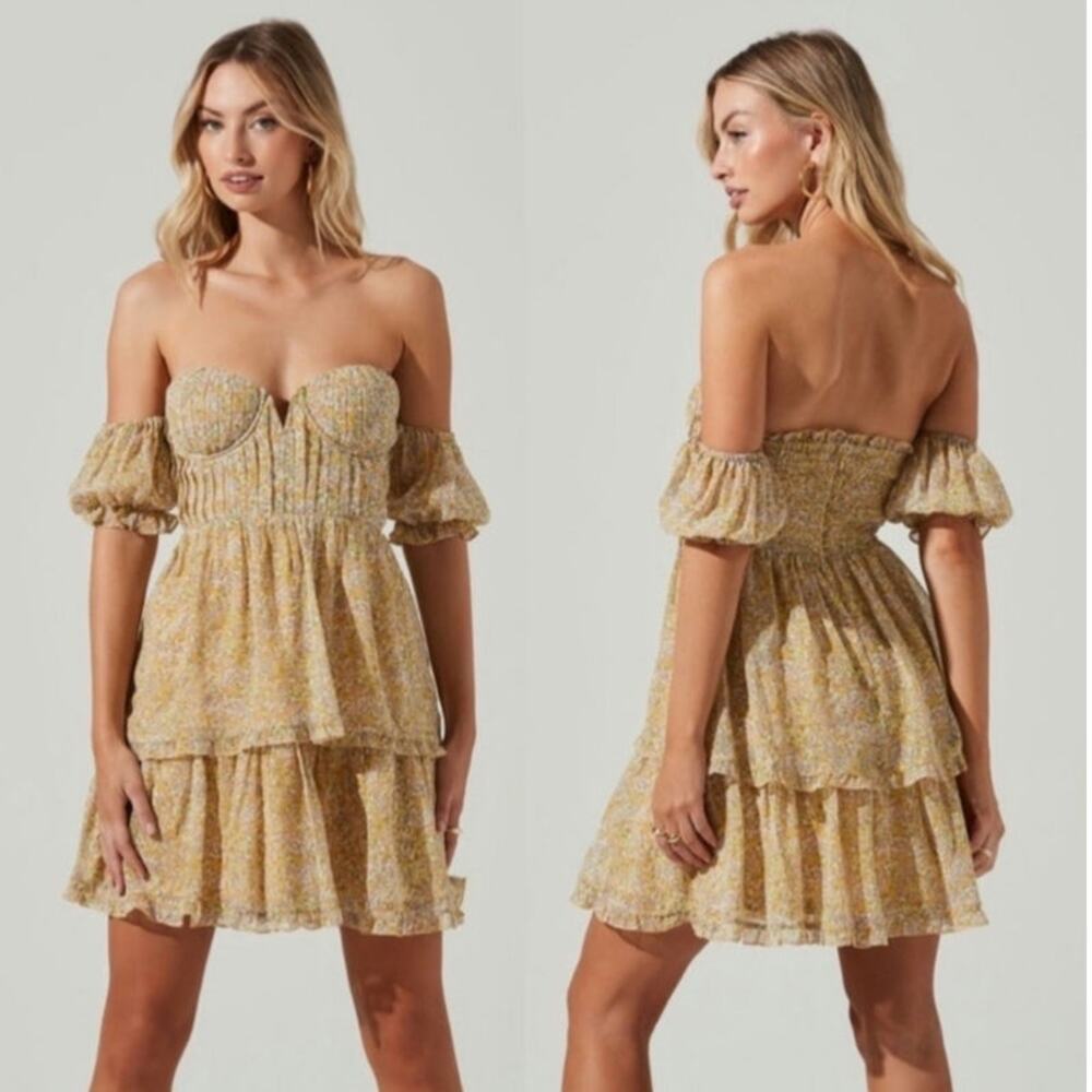ASTR The Label Yellow Multi Floral Off The Shoulder Two Tier Mini Dress XL